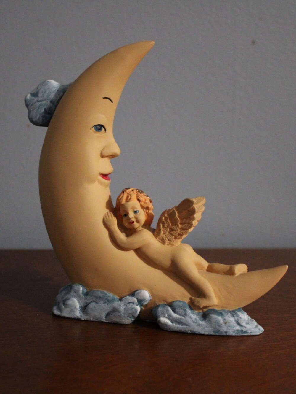 Vintage Decorative Cream Crescent Moon with Angel Figurine - Home Art